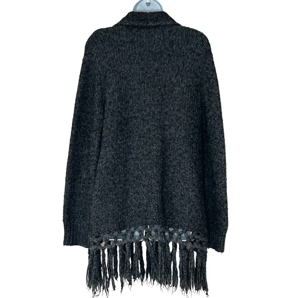 Joie Chunky Sweater M/L Black Wool Alpaca Blend Open Front Cardigan Fringe Long